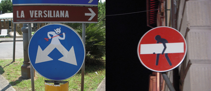 Clet Abraham è sbarcato in città? A Pietrasanta molti cartelli stradali rivisitati...