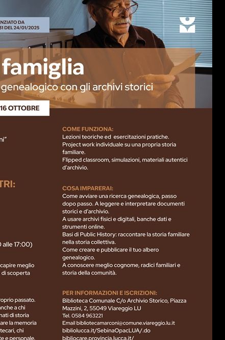 Bibliocare: fino al 16 ottobre ci si può iscrivere al corso gratuito ‘storia di famiglia’ in programma a Viareggio